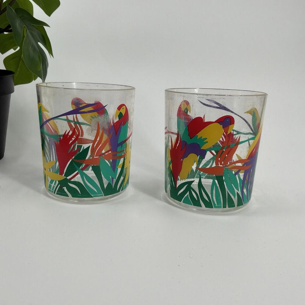 2 Libbey Parrot Cockatiel Tropical Glass Tumblers Vintage